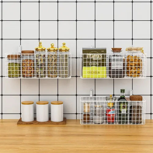 Miniatura 6 de Joben Oligey Juego de 3 cestas colgantes de alambre de pared [extragrandes], almacenamiento de alimentos de granja, cocina, despensa, lavandería