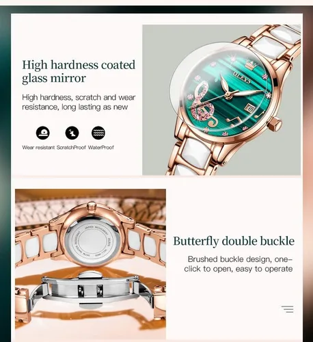Miniatura 9 de OLEVS Relojes para mujer, oro rosa, de dos tonos, de moda, de cerámica, blanco, esfera rosa, roja, acero inoxidable, fecha impermeable
