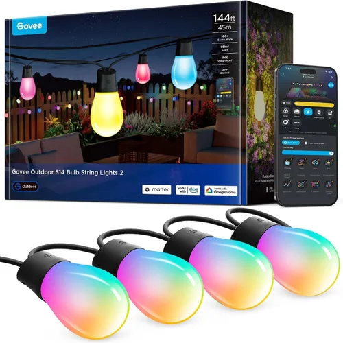 Miniatura 10 de Govee Guirnalda de luces S14 para exteriores, luces inteligentes RGBIC de 48 pies de color blanco cálido con 15 bombillas LED, 111 modos de escena