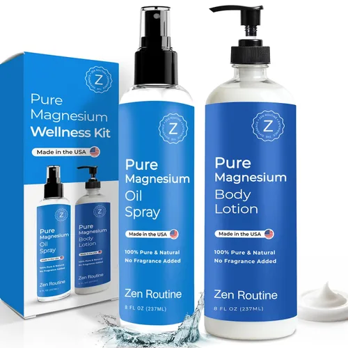 Zen Routine Spray de aceite de magnesio puro + loción corporal con manteca de karité, cloruro de magnesio tópico para calambres en las piernas,