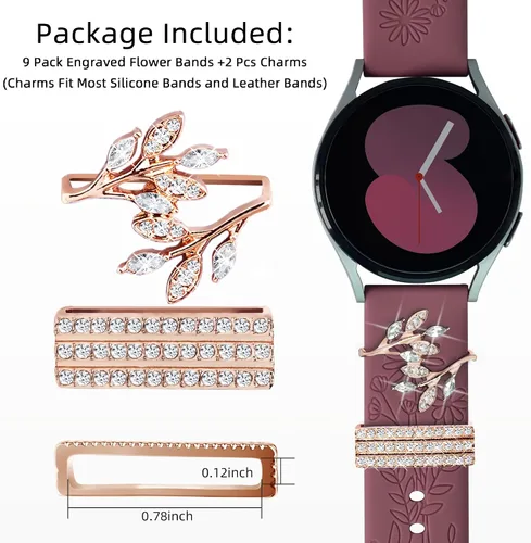Miniatura 3 de Correas para Samsung Galaxy Watch 7/6/5/4/FE Banda 40mm 44mm con Charms, Correa de Reemplazo de Silicona con Flores Grabadas de 20mm para Mujeres