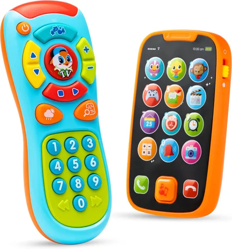 JOYIN Teléfono de aprendizaje para bebé y juguete de control remoto para niños pequeños, divertidos juguetes de teléfono inteligente con música para