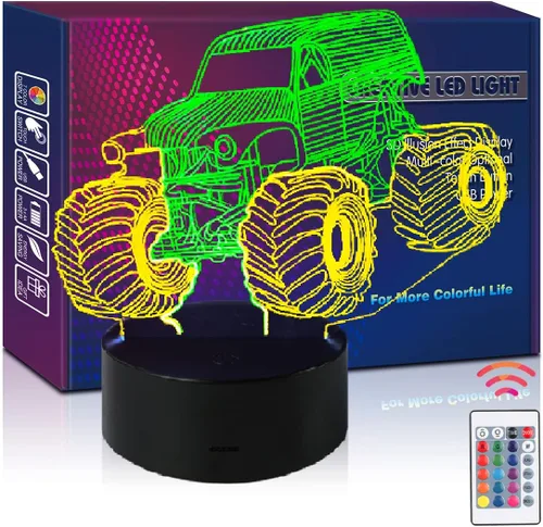 Monster Jam Truck Lámpara LED de Ilusión 3D de Color Mixto Luz Nocturna de Carro Regalo de Cumpleaños Regalo de Festival para Niño Pequeño Bebé Niño