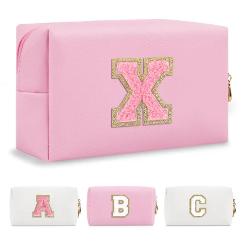 Miniatura 204 de Pequeña bolsa de maquillaje personalizada con inicial A-Z Preppy Patch, bolsa de cosméticos de viaje de felpilla blanca con cremallera, bonita bolsa