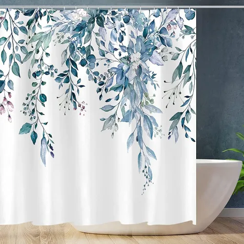 Miniatura 96 de Tititex Spun Sugar - Juego de cortinas de ducha de eucalipto azul claro, hojas de acuarela brillantes en la parte superior, decoración floral