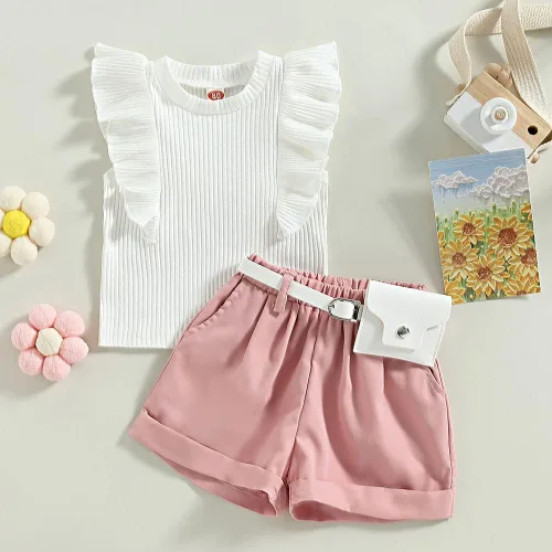Miniatura 71 de TheFound Trajes de verano para niñas pequeñas, sin mangas, de punto acanalado, halter, pantalones cortos, ropa para recién nacidos, conjunto de 3