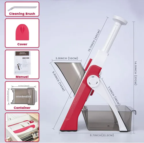 Miniatura 6 de SupMaKin rebanador de mandolina seguro para cocina, cortador de verduras, papas fritas, rebanador de grosor ajustable manual, artefacto de corte Rojo