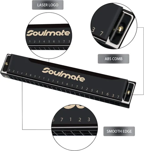 Miniatura 2 de Soulmate Armónica Blues de 24 agujeros, clave C, con estuche, órgano de boca, armónica diatónica para principiante, adulto, profesional, Negro