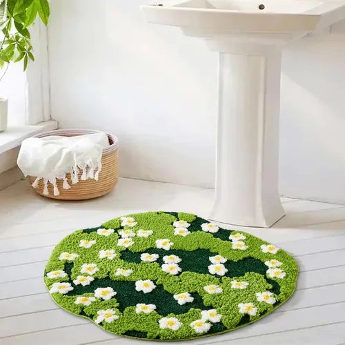 Bonita Alfombra de Baño Verde Floral Hierba Primavera Flor Margarita Alfombras de Baño Antideslizantes Lavables a Máquina Súper Absorbentes, Forma