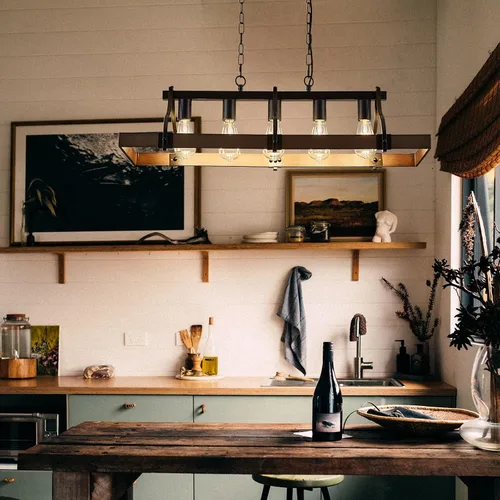 Miniatura 7 de Candelabros de granja para comedor, lámpara rústica de isla de cocina de 5 luces, techo rectangular industrial industrial negro