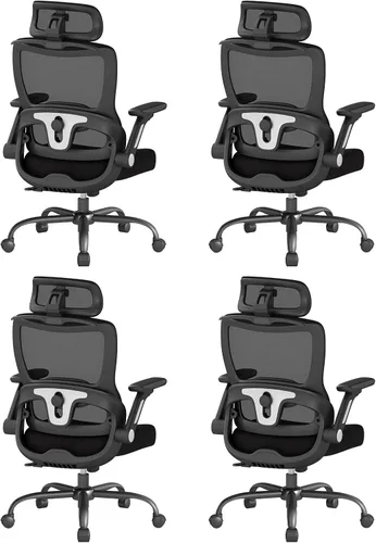 Miniatura 14 de Silla de oficina ergonómica, sillas de oficina en casa de tela de malla con soporte lumbar ajustable, giro de 360° y reposabrazos abatibles