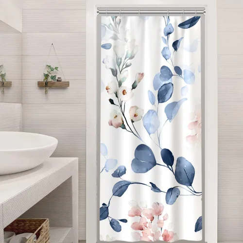 Cortina de ducha pequeña de eucalipto azul acuarela, juego de cortinas de ducha pequeñas impermeables con diseño floral de primavera con ganchos, 36