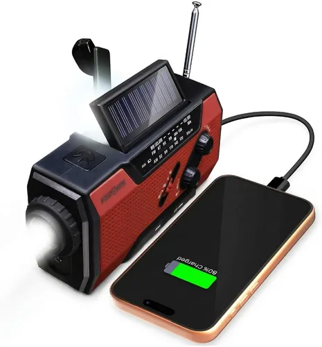 Miniatura 12 de FosPower NOAA Radio meteorológica de emergencia A1 7400 mWh, banco de energía portátil, AM/FM, USB/solar/carga de manivela, funciona