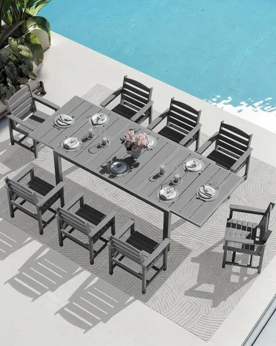 Miniatura 9 de SERWALL Juego de comedor para exteriores de 9 piezas, mesa de comedor expandible de 60 a 83 pulgadas y 8 sillas de polietileno de alta densidad