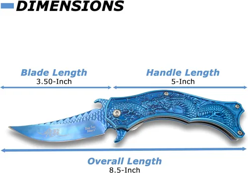 Miniatura 3 de Cuchillo asistido por resorte Dark Side Ballistics, DS-A019BL-MC, acero inoxidable 3CR13, recubierto de TiNite azul, tema de dragón, clip