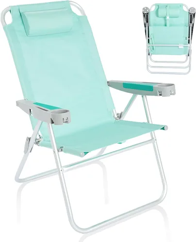 Miniatura 13 de SUNNYFEEL Silla de Playa Plegable Extra Ancha de 28", 5 Posiciones Completamente Reclinable, Silla de Camping Portátil de 17" de Alto con Portavasos