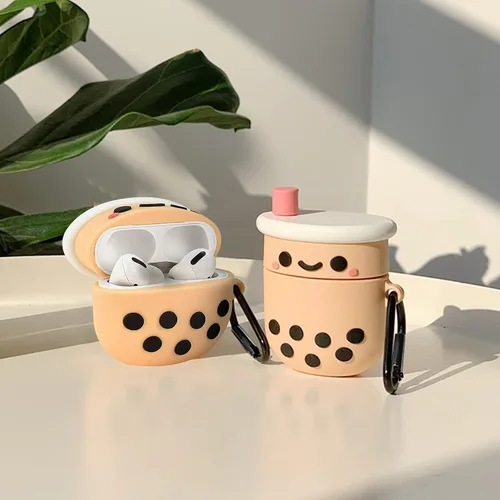 Miniatura 6 de Funda protectora de silicona para Airpods con llavero, diseño de té con leche Boba rosa femenino, a prueba de golpes, compatible con AirPods 1 y 2