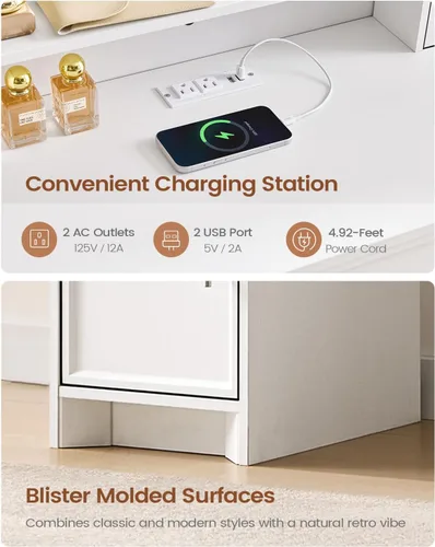 Miniatura 5 de AOGLLATI Escritorio de maquillaje con espejo y luces, mesa de tocador blanca con 3 luces de color, 7 cajones de almacenamiento y espejo grande