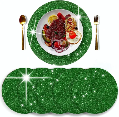 Miniatura 11 de Juego de 4 manteles individuales negros de cuero brillante con purpurina de 15.4 pulgadas para decoración de fiestas, bodas, día de Acción