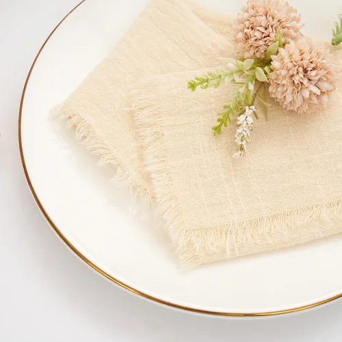 Miniatura 2 de 24 servilletas de tela hechas a mano con flecos beige, 16 x 16 pulgadas, delicadas servilletas de algodón rústico a granel para bodas, cenas, fiestas