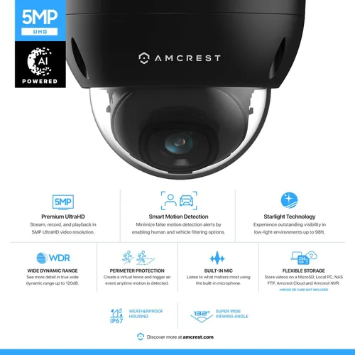 Miniatura 2 de Amcrest Cámara POE de 5 MP, Cámara de seguridad IP POE para exteriores, domo antivandálico, 5 megapíxeles, visión nocturna de 98 pies, lente