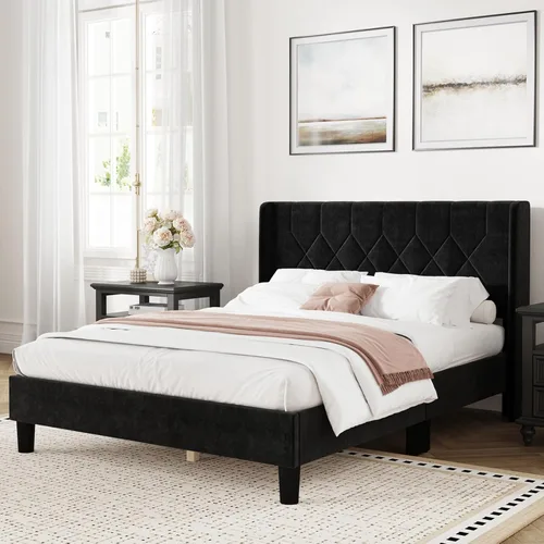 Miniatura 9 de Novilla - Base de cama Queen con cabecero, base de cama tamaño Queen con soporte de listones de madera, cabecero tapizado de terciopelo con puntos