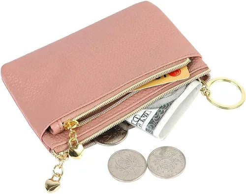 Miniatura 3 de Monedero de cuero genuino para mujer, con cremallera, tamaño de bolsillo, rosa oscuro