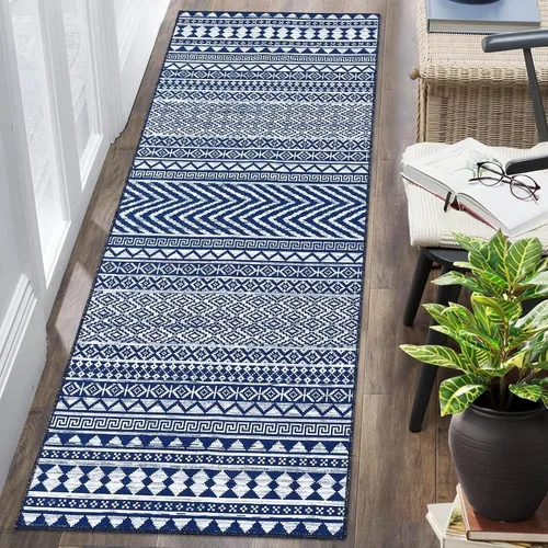 Miniatura 7 de Zacoo Alfombra bohemia para pasillo de 2 x 6 pies, alfombra geométrica de pelo bajo, antideslizante, resistente a las manchas, para cocina, marino