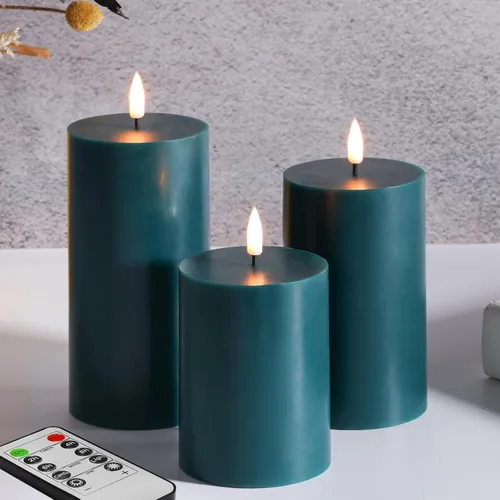 Velas sin llama azules de pilar con control remoto, velas parpadeantes de Navidad LED de cera operadas por batería, juego de 3 unidades Verde