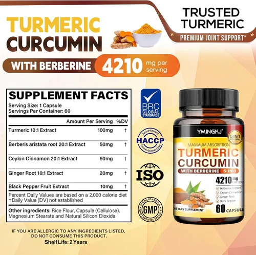 Miniatura 4 de Suplemento de curcumina de cúrcuma con pimienta negra y botánicos bioactivos, cúrcuma, jengibre, berberina, canela de Ceilán - Suplemento premium