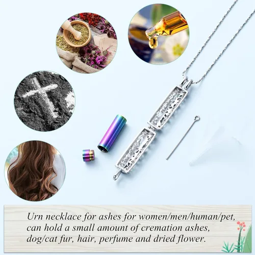 Miniatura 5 de Imrsanl Collar con colgante de urna de cremación con vial de cilindro hueco, urna de recuerdo, joyería de cremación, medallones conmemorativos