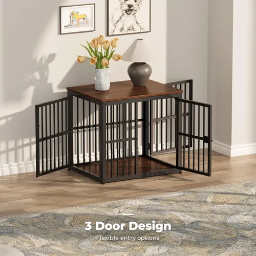 Miniatura 3 de Lyromix Mueble de jaula para perros de 27'' con 3 puertas, mesa auxiliar de jaula de madera resistente, jaula interior para cachorros para perros