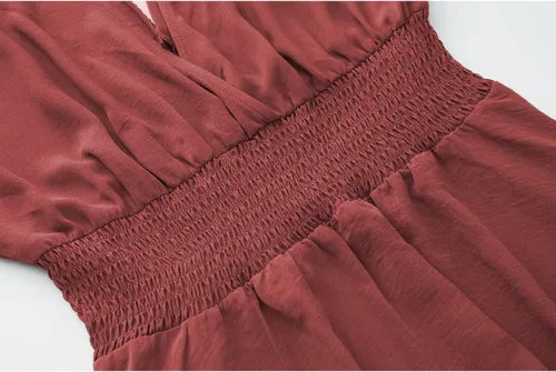 Miniatura 66 de Vestido largo de encaje para mujer de manga corta y cuello en V, vestido de fiesta estilo bohemio con cintura fruncida, vestido bohemio para mujer