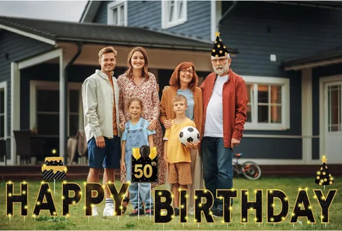 Miniatura 6 de Yerliker 16 piezas de carteles de feliz cumpleaños para patio con estacas, luces LED de 32.8 pies, 42 piezas de adhesivos numéricos, carteles