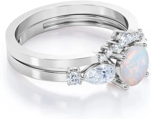 Miniatura 4 de Opal Ring Set Opal Engagement Rings for Women 10K 14K 18K Gold Opal Wedding Ring Set Bridal Sets Opal Anniversary Ring Promise Ring For Her Free