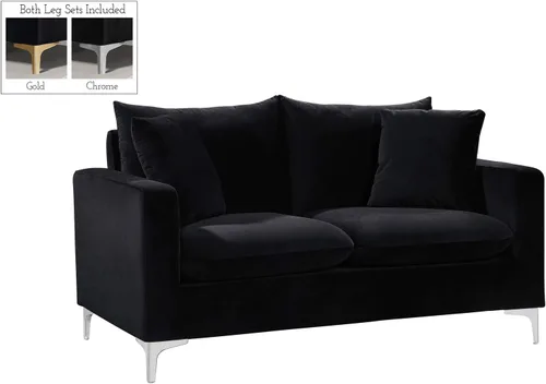 Miniatura 4 de Meridian Furniture Naomi Collection Modern Sofá de dos plazas tapizado de terciopelo negro contemporáneo con base de acero inoxidable en un