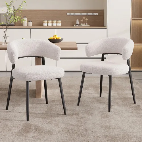 Juego de 2 sillas de comedor, sillas de cocina modernas de mediados de siglo, silla de comedor tapizada Boucle con respaldo curvado y patas de metal