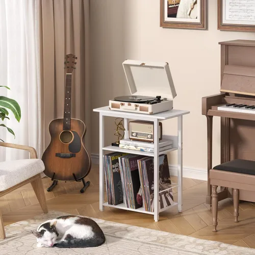 Miniatura 4 de LELELINKY Soporte estrecho para tocadiscos negro, mesa de almacenamiento de discos de 23.62 pulgadas de ancho con almacenamiento para hasta 100