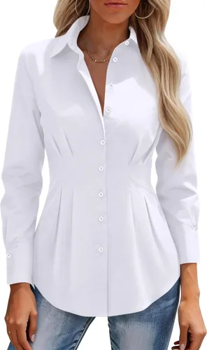 Miniatura 14 de siliteelon Camisas con botones para mujer, cintura ceñida, camisa de vestir de algodón de manga larga para negocios, casual, trabajo, oficina