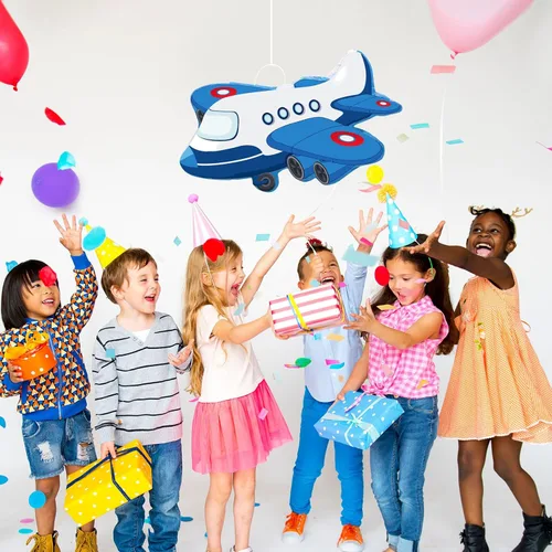 Miniatura 5 de Piñata de avión de 16.1 x 10.31 pulgadas, piñata patriótica roja, azul y blanca con palo para los ojos vendados, confeti, fiesta de cumpleaños