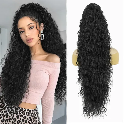 Miniatura 10 de ALXNAN Cola de caballo con clip de garra, extensión de cola de caballo marrón oscuro de 26 pulgadas para mujer, extensiones de cabello sintético
