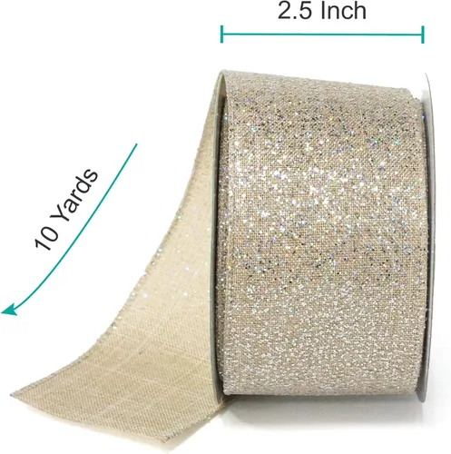 Miniatura 2 de Cinta plateada brillante con alambre de 2.5 pulgadas x 10 yardas, color bronceado/plateado para decoración del hogar de Navidad, lazo para envolver
