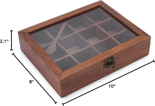 Miniatura 9 de Ajuny Caja de especias de madera de 10 x 8 pulgadas, organizador decorativo indio Masala Dabba con tapa de vidrio, 12 compartimentos y cuchara