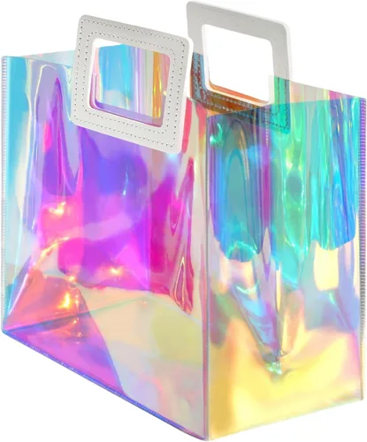 VUOJUR Bolsa de regalo holográfica grande de 12.8 x 11.6 x 5.7 pulgadas, transparente, reutilizable, bolsa de regalo de cumpleaños para mujeres y