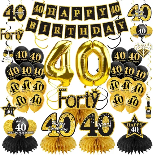 Miniatura 7 de Turypaty Kit de 36 decoraciones de cumpleaños número 80 para hombres y mujeres, globos de feliz cumpleaños de 80 años, globos de panal de abeja, Oro