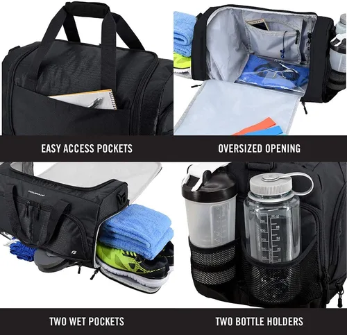 Miniatura 3 de Ultimate Gym Bag 2.0 La bolsa de lona duradera diseñada por Crowdsource con 10 compartimentos óptimos, incluida la bolsa resistente al agua, Negro