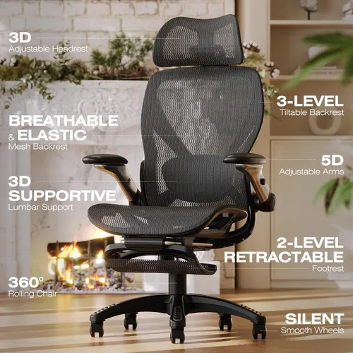 Miniatura 3 de ELABEST X100 Silla de oficina ergonómica de malla con reposapiés, silla de escritorio grande y alta con brazos abatibles 5D, soporte lumbar 3D