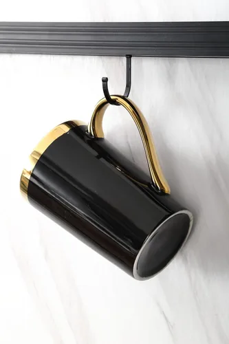 Miniatura 6 de Juego de 6 tazas de café de oro negro de 12 onzas, tazas de cerámica de porcelana con mango y borde dorados, apto para lavavajillas, regalo elegante