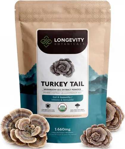 Extracto de suplemento orgánico de hongos en polvo de cola de pavo 3.53 oz | Trametes Versicolor Cuerpo fructífero | ≥50% Beta-D-Glucanos | 60