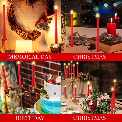 Miniatura 7 de Macarrie 24 Paquetes de Velas Cónicas Sin Llama Operadas con Batería Falsas de 11 Pulgadas de Largo Luz de Vela LED Sin Llama Candelabros Rojo
